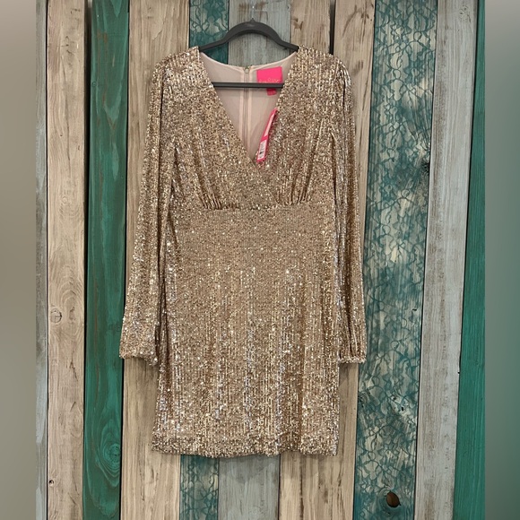 NWT Lilly Pulitzer Reagan Gold Sequin Long-Sleeve Minidress, Sz 10 - Picture 2 of 11